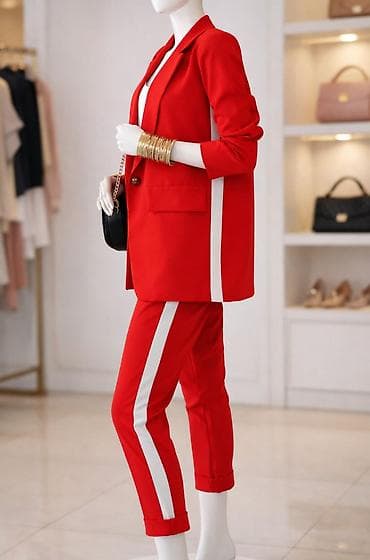 Swimwear: Damski komplet – crveni blejzer i pantalone sa belim bočnim prugama - — 1