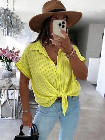 asimetricna tunika: Ženska košulja sa prugama – kratki rukavi, kopčanje na dugmad — 7