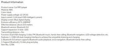 Ostalo: Tekst oglasa Naziv proizvoda: Auto MP3 plejer Materijal: ABS Boja — 13