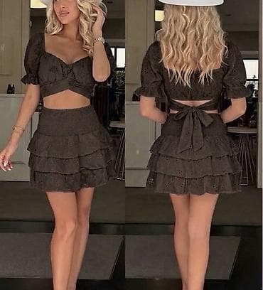 kivi boja: Komplet crop top i mini suknja od pamučne čipke. - Gornji deo: kratki — 3