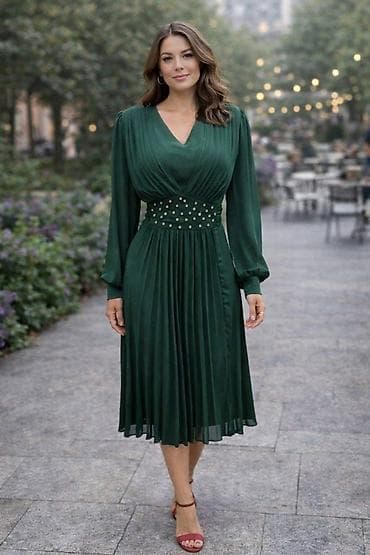 loreal mat puder: Elegantna midi haljina sa dugim rukavima i dubokim V izrezom. Gornji — 1