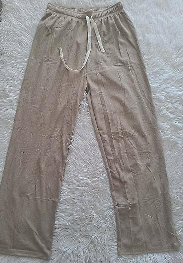 Women's Pants, Jeans, Shorts: Ženske ležerne pantalone – bež, rebrasti dezen - Materijal: meka — 2