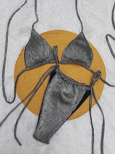 kupaci sa steznikom: Srebrni bikini set – trouglasti top i visoki struk donji deo - — 3