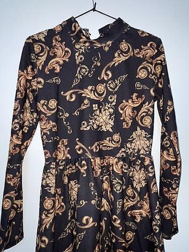 duge košulja haljine: Haljina sa dugim rukavima, crne osnove sa baroknim zlatno‑bež — 2