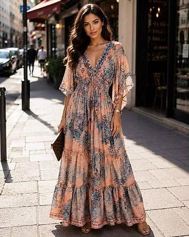 jet lag jakne: Boho maxi haljina sa etno printom - Model: duga, lepršava maxi — 3