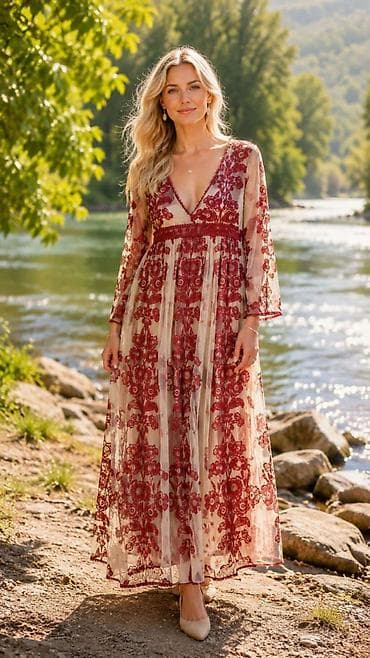 Duga čipkana haljina sa izvezenim floralnim motivima - Model: maxi
