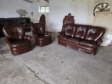 krevet trosed: Trosed + dve fotelje – komplet garnitura od prirodne kože - — 3