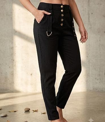 Ženske crne pantalone visokog struka sa dekorativnim zlatnim na lalafo.rs Ženske crne pantalone visokog struka sa dekorativnim zlatnim