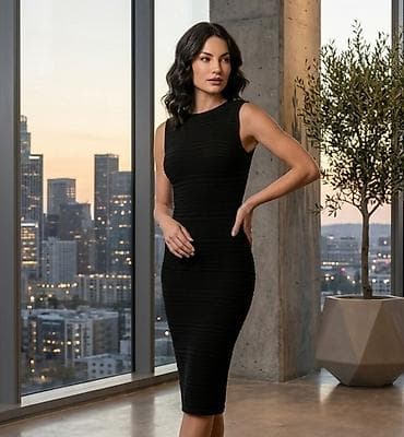 Elegantna crna midi haljina bez rukava - Kroj: uska silueta, midi