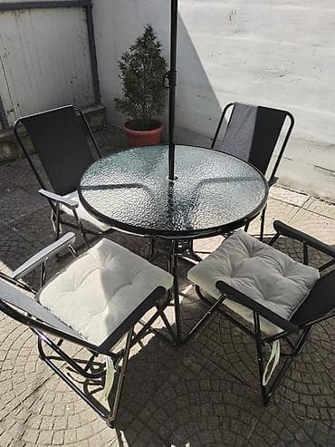 lounge stolice: Baštenski set – sto, 4 stolice i suncobran - Okrugli sto sa — 5