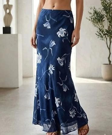 Dugačka suknja sa cvetnim dezenom. Suknja je teget plave boje sa