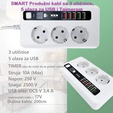 produzni trofazni kabl cena: Cena 2250 din Produžni kabl POWER SOCKET sa 3 utičnice i 5 ulaza za — 1