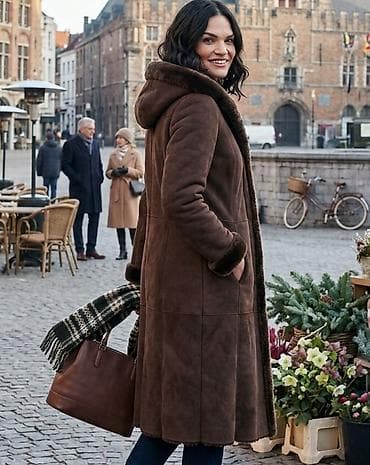 Ženska dugačka kaput-jakna od brušene kože (shearling) u tamno braon