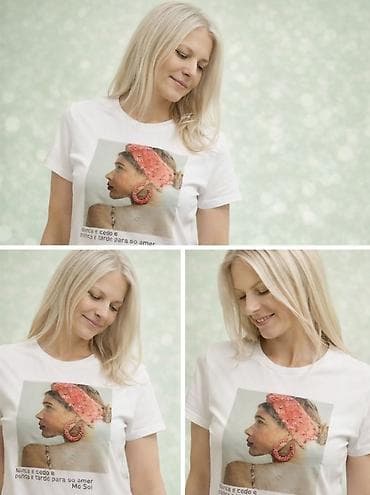 helanke za punije: Bela pamučna majica kratkih rukava sa printom ženskog lika sa crvenom — 2