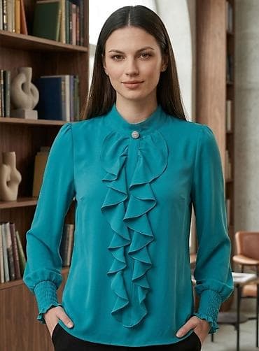 Elegantna ženska bluza u tirkiznoj boji sa dugim rukavima. Model sa