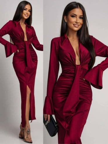 mango bluze i košulje: Elegantna midi haljina sa dubokim V izrezom i dugim rukavima. Model — 4