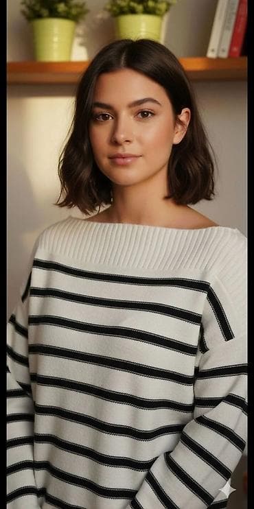 Prugeasti džemper sa čamcem izrezom - Boja: krem/bela osnova sa