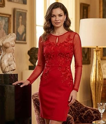 prava romansa: Elegantna crvena haljina do kolena sa dugim rukavima i prozirnim — 1