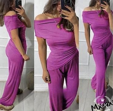 drapirana haljina: Komplet majica sa golim ramenima i siroke komotne pantalone na lastis — 3