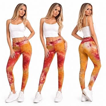 Pantalone, Farmerke, Šortsevi: Ženske helanke – tie-dye dezen u toplim tonovima (narandžasta, crvena — 1