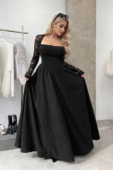 Elegantna duga crna haljina - Model: duga svečana haljina A-kroja sa