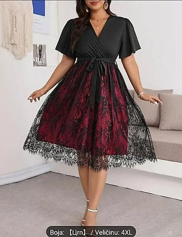 svecane haljine nis kalca: Elegantna plus size haljina 4XL – midi dužina, crno-bordo kombinacija — 1