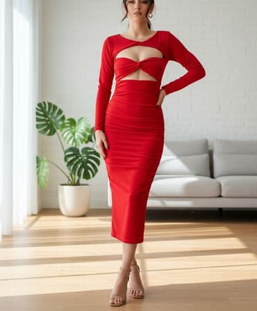 haljine od lana slike: S (EU 36), bоја - Crvena, Koktel, klub, Dugih rukava — 1