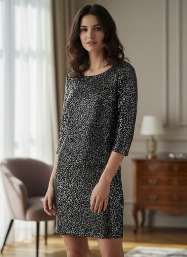 Crna mini haljina sa šljokicama - Kroj: uska silueta, mini dužina -