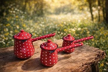 trofazne pumpe za vodu: Set emajliranih džezvi/posuda sa poklopcima – retro tačkasti dizajn - — 2