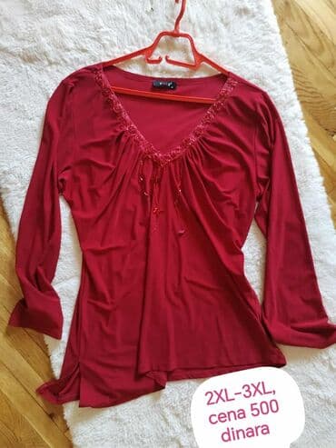 boho tunike: Crvena ženska tunika sa dugim rukavima i V-izrezom ukrašenim čipkom i — 1