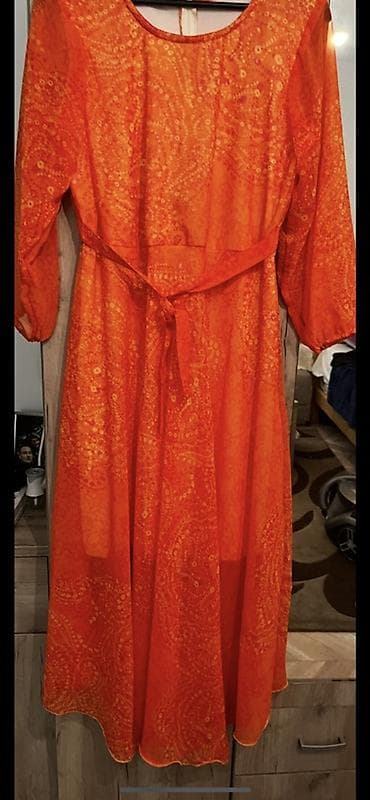 Ženska haljina – narandžasta, midi/dužina do članaka, lepršava -