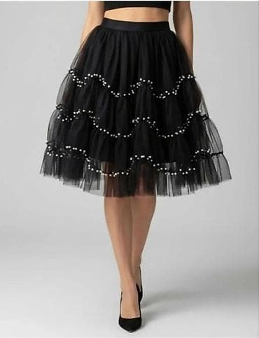 svečani kombinezon: Crna midi suknja od tila sa perlama - Elegantna suknja od višeslojnog — 1