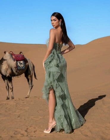 limun haljina: Elegantna večernja haljina – pastelno zelena, bez bretela - Kroj — 3