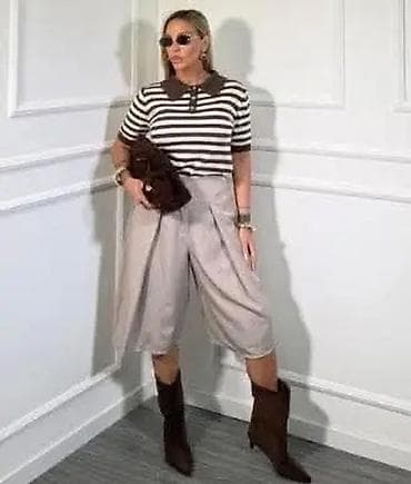 Ženske široke bermude sa nabranim preklopima - Model: midi bermude