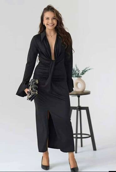 mango bluze i košulje: Elegantna midi haljina sa dubokim V izrezom i dugim rukavima. Model — 3