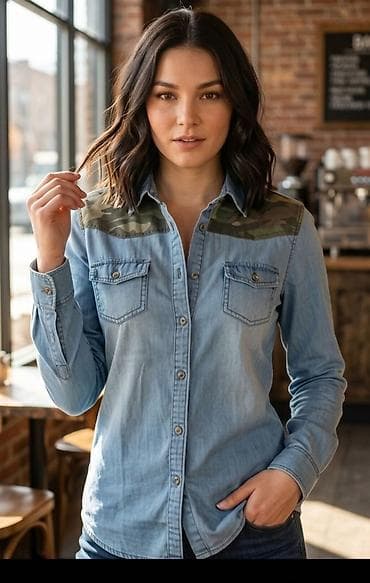 playboy bluza: Ženska teksas košulja sa maskirnim detaljima - Materijal: lagani — 1