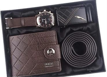 Muški poklon set – 4 dela Ik Sadrži: - Ručni sat sa braon kožnim