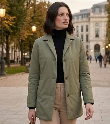 Ženska jakna – maslinasto zelena, elegantnog kroja - Kroj: ravna