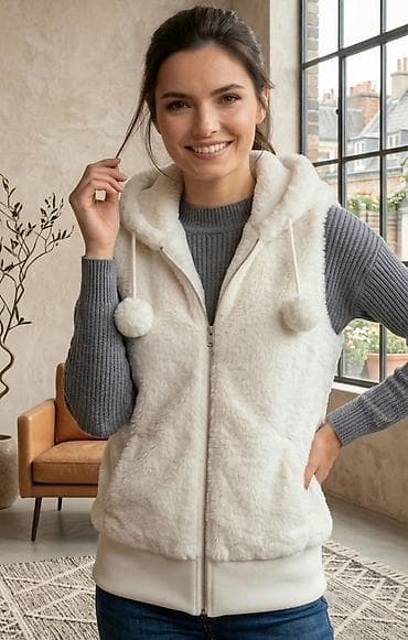 Jackets, Coats, Vests: Ženska prsluk jakna sa kapuljačom – mekana “teddy” tekstura - — 1