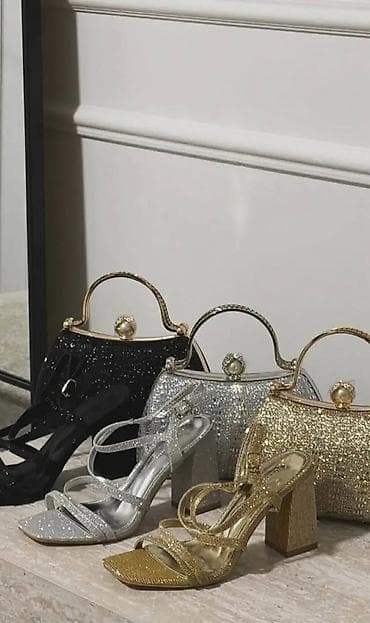 Elegantne ženske sandale sa štrasom + usklađene večernje torbice (set