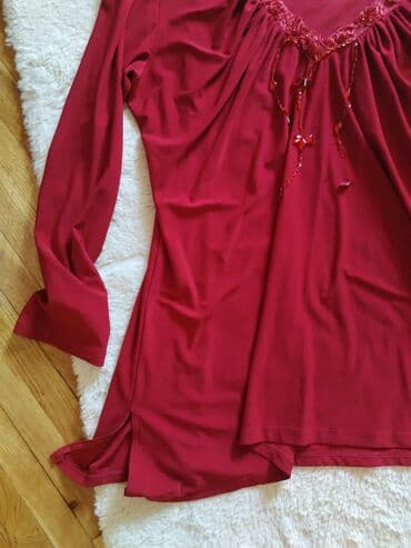 boho tunike: Crvena ženska tunika sa dugim rukavima i V-izrezom ukrašenim čipkom i — 4