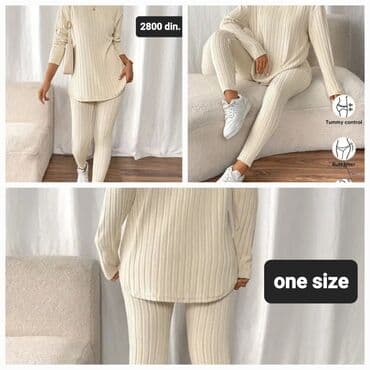 helanke koje podizu zadnjicu: Ženski komplet – rebrasti duks i helanke, bež/ekru nijansa. - — 1