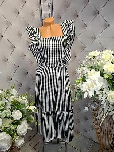 tople pantalone: Haljina na kockice sa volanima - Kroj: midi dužina sa širokim volanom — 2