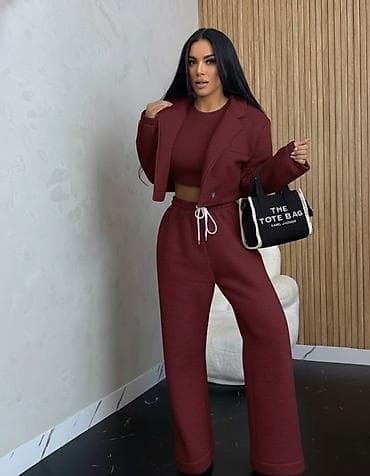 l: ✅Ženski trodelni komplet – kratki blejzer, crop top i široke trenerke — 3