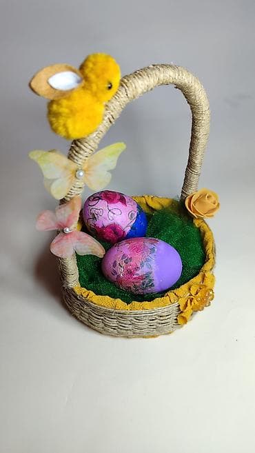 Rasveta: Uskršnja dekorativna korpica sa ručno oslikanim jajima - Ručno rađena — 1