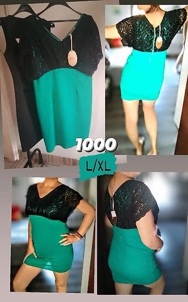 Haljina u kombinaciji crne čipke i tirkizne boje. Gornji deo je od