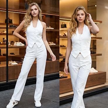 Women's Sweatsuits: 💫Zenski dvodelni set – prsluk sa halter okovratnikom i ravne pantalone — 1