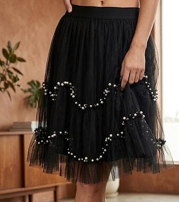 lambada suknja: Crna tila suknja sa perlama - Model: midi dužina, A-kroj sa slojevima — 1