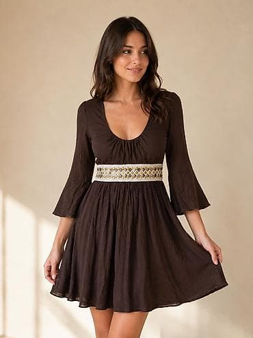 trostruki uvijač za kosu: Haljina mini dužine u boho stilu, tamno braon boje. Dubok okrugli — 2