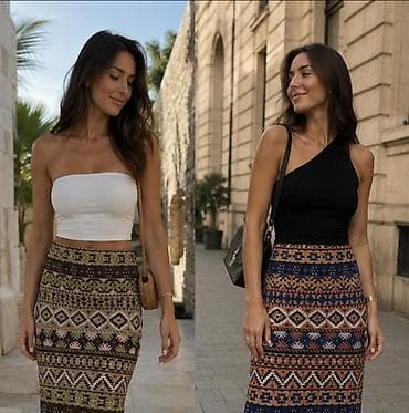 bež boja: Suknja sa etno/boho printom midi duzina,dubok struk sa elasticnim — 1